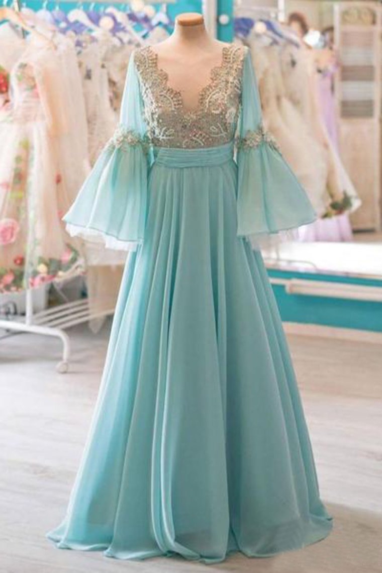 2024 Modest A-Line Lace Prom Dresses With Flare Sleeves Evening