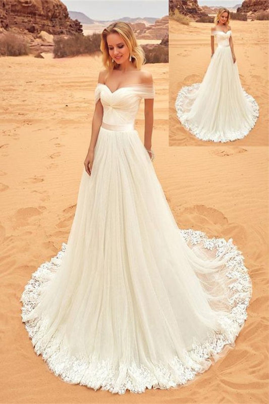 Off The Shoulder Long Elegant Ivory Lace Tulle Wedding Dresses Beach Wedding