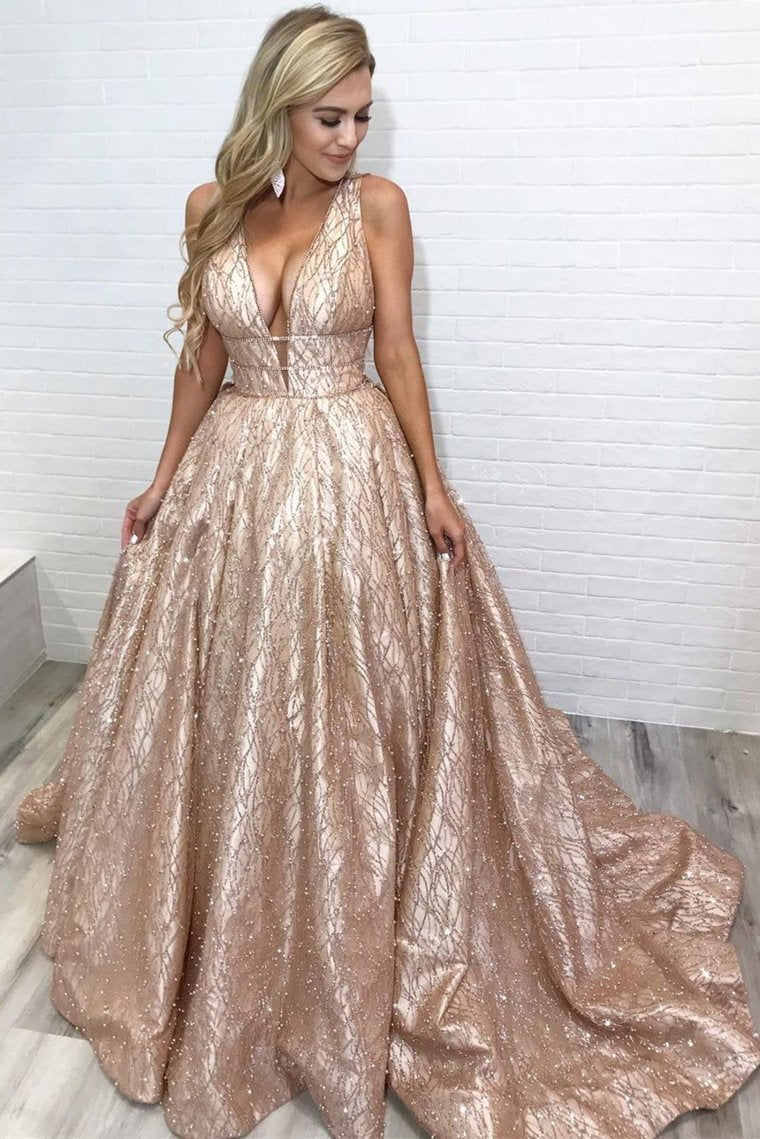 Sparkle A-Line Empire Gold Long Prom