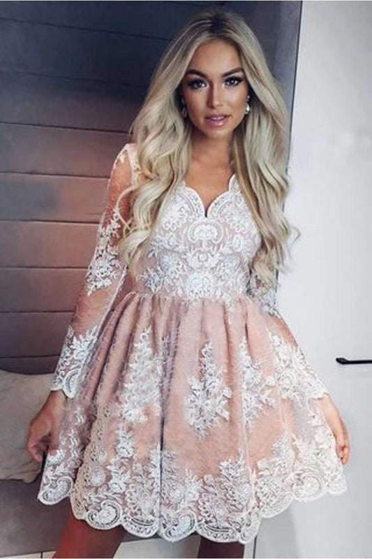 A-Line V-Neck Long Sleeves Short Homecoming Dress With