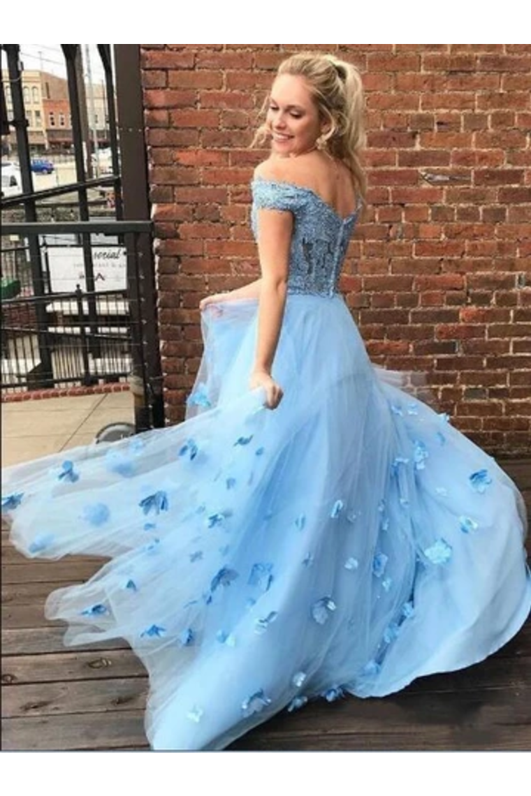 Two Piece Floor Length Tulle Prom Dress With Lace, Long Off The Shoulder Dress With