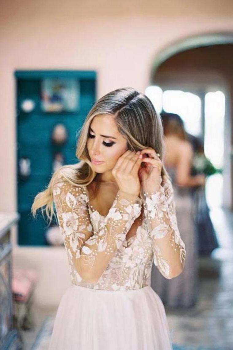 Chic A-Line Long Sleeves Lace Bodice See Through Wedding Dresses Backless Country Wedding STCPY73AEE8