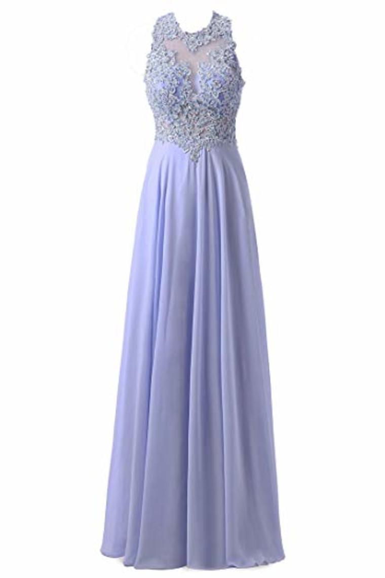 A-Line Round Neck Lace Chiffon Tulle Ball Gown Beading Evening