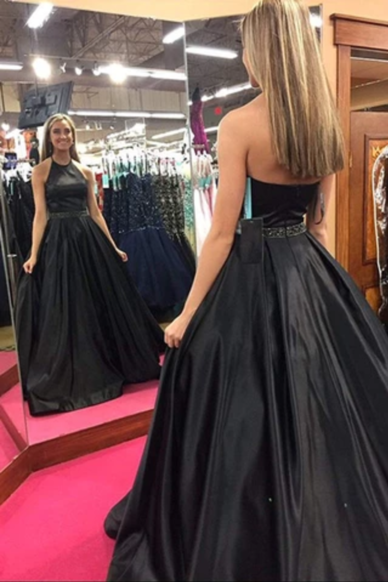 Halter Satin Prom Dress With Beading, Long Evening Dress With