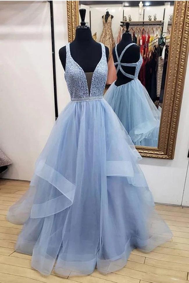 Elegant Ball Gown Lavender V Neck Prom Dresses Tulle Criss Cross Straps Dance Dresses STC15157