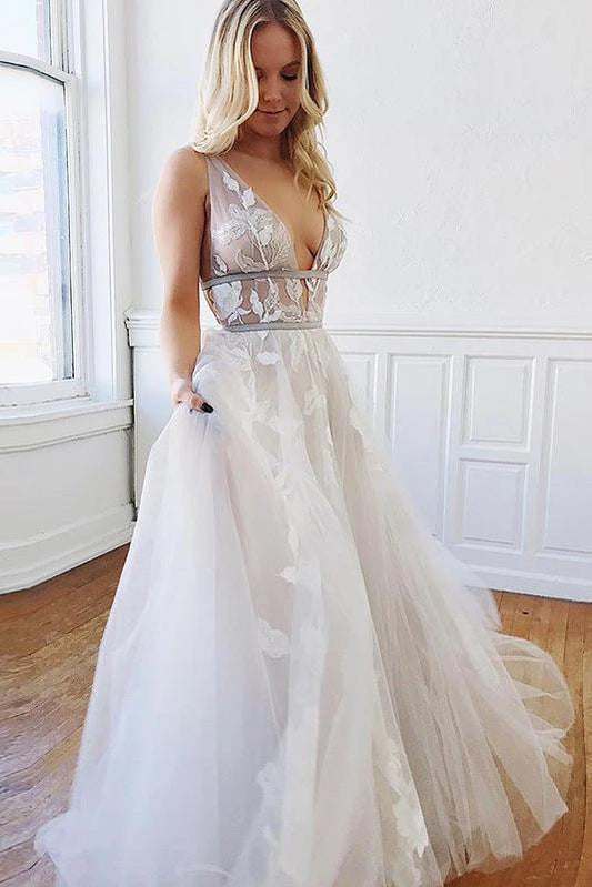 A Line Deep V-Neck Backless White Tulle Prom Dress With Appliques, Evening Dresses STC14997