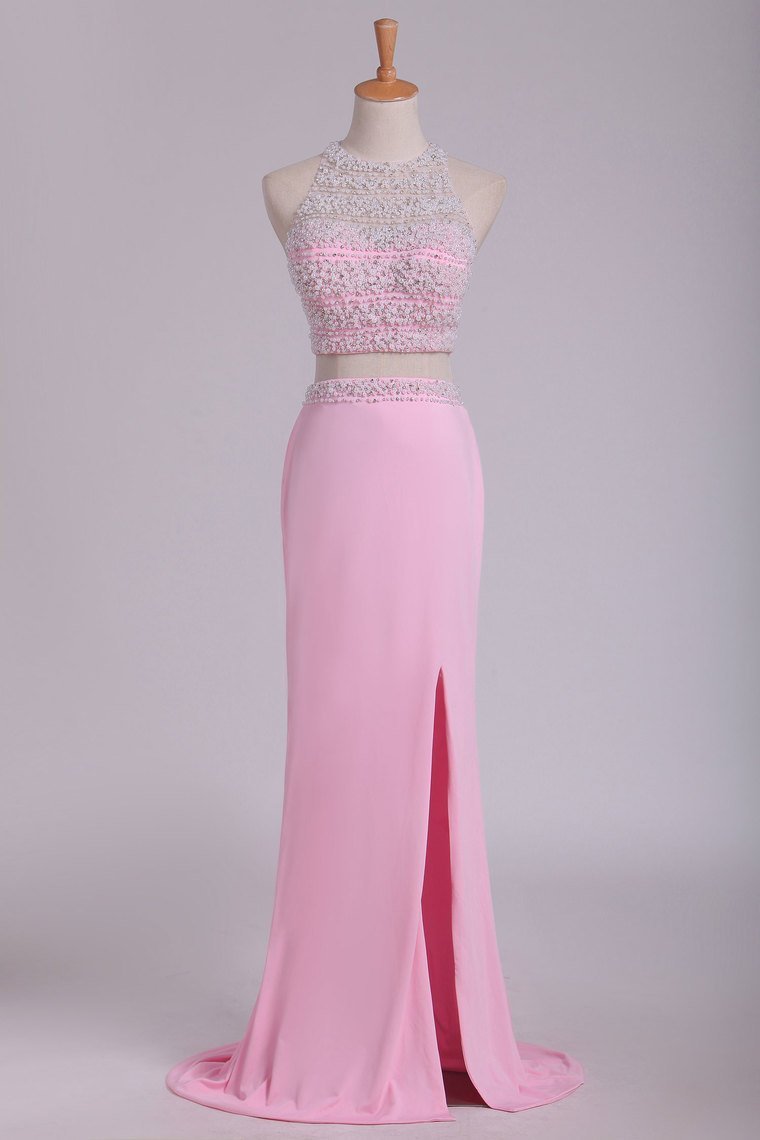 Two Pieces Column Scoop Prom Dresses With Beads And Pearls Spandex &
