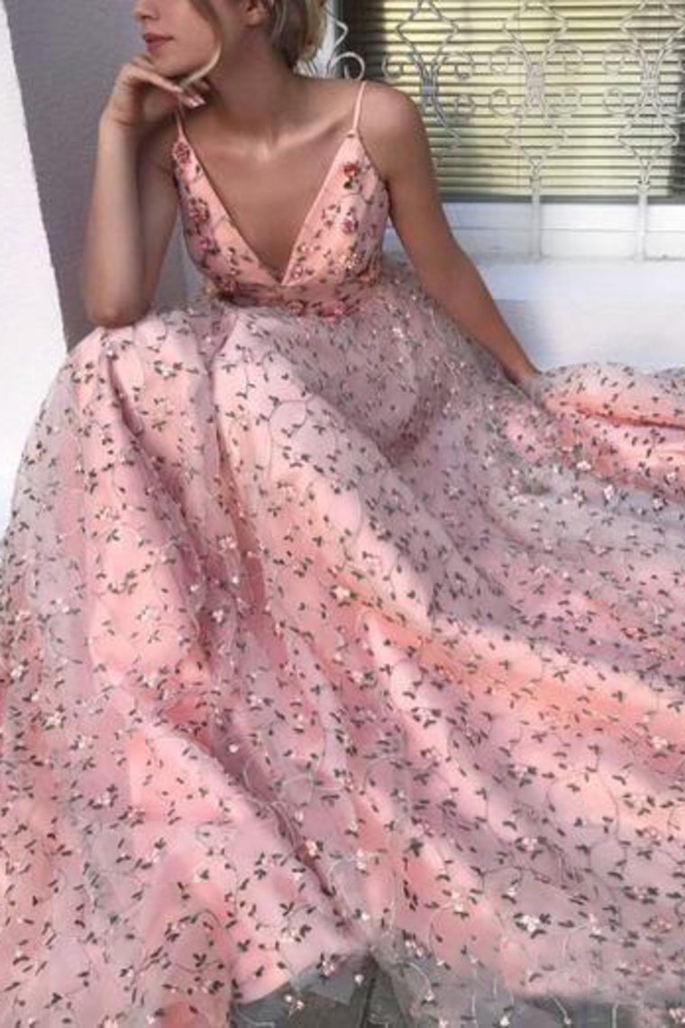 2024 Elegant Pink V Neck Floral Lace Long Prom Dresses Spaghetti Strap Formal