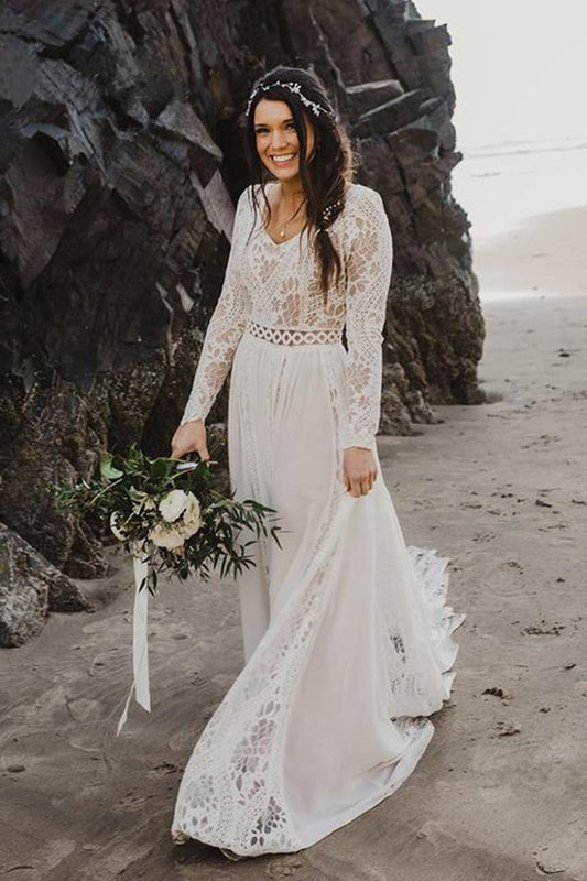 Charming A Line Long Sleeves V Neck Lace Ivory Beach Wedding Dresses, Bridal STC15623