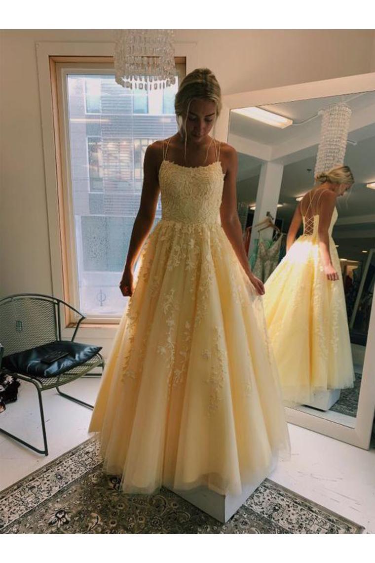 Daffodil V-Neck A-Line Tulle Long Prom Dresses With