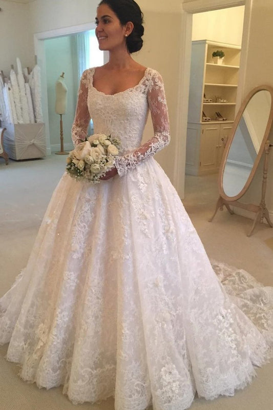 Amazing Long Sleeves Ball Gown Long Ivory Lace Wedding