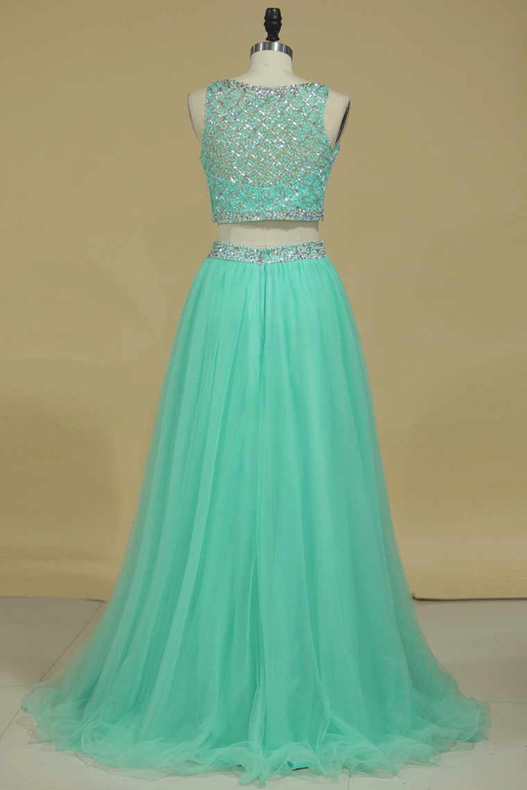 Two Pieces Prom Dress Bateau A Line Pick Up Tulle With