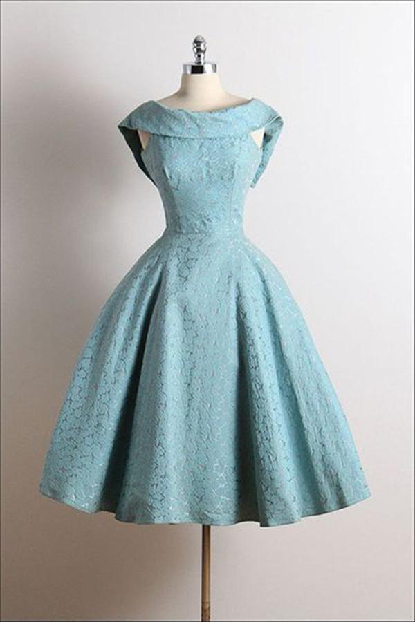 Cute Vintage Scoop A-Line Sleeveless Knee-Length Lace Blue Homecoming Dresses
