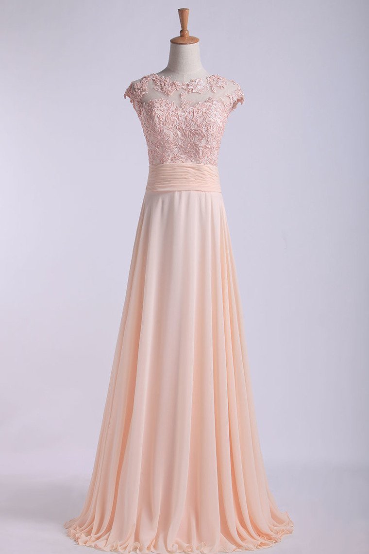 Scoop Prom Dresses A Line Chiffon With Applique And Ruffles Sweep