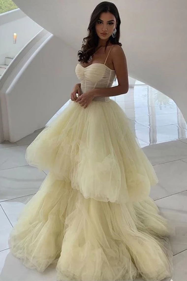 Princess A Line Spaghetti Straps Layers Tulle Prom Dresses, Unique Formal