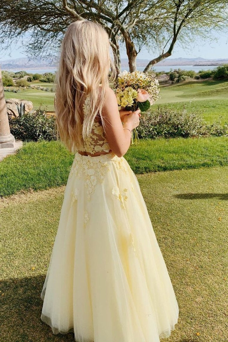Square Neckline Light Yellow Prom Dress With Lace