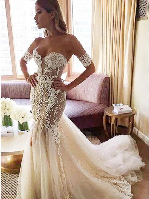 Charming Mermaid Sweetheart Backless Tulle Wedding Dresses with Lace Appliques STC15111