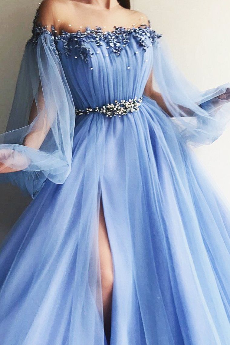 Newest Long Beading Lace Tulle A-Line Blue Prom Dresses Evening