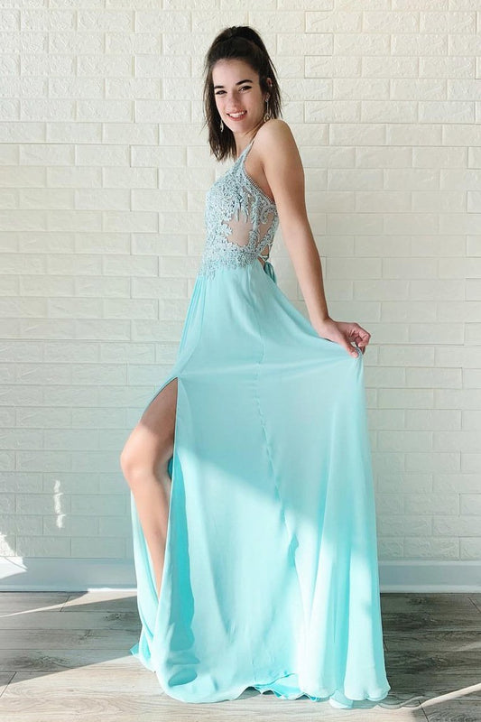 2024 Chiffon Prom Dresses With Applique Sweep Train Spaghtti