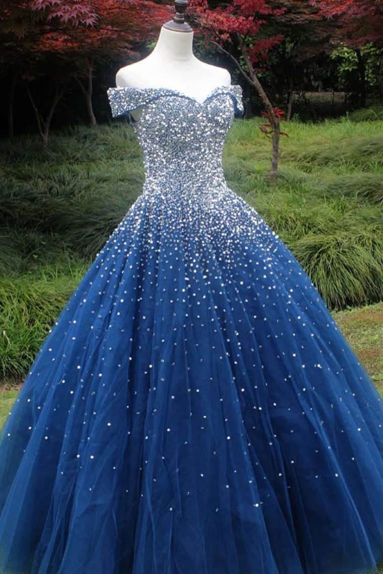 Sparkle Off The Shoulder Blue Ball Gown Prom Dresses, Puffy Tulle Quinceanera