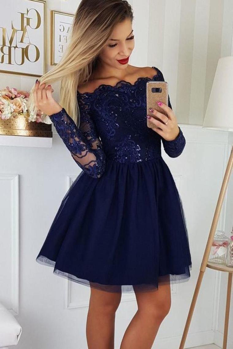 Cute Off The Shoulder Tulle Homecoming Dress With Lace Appliques, Short Prom