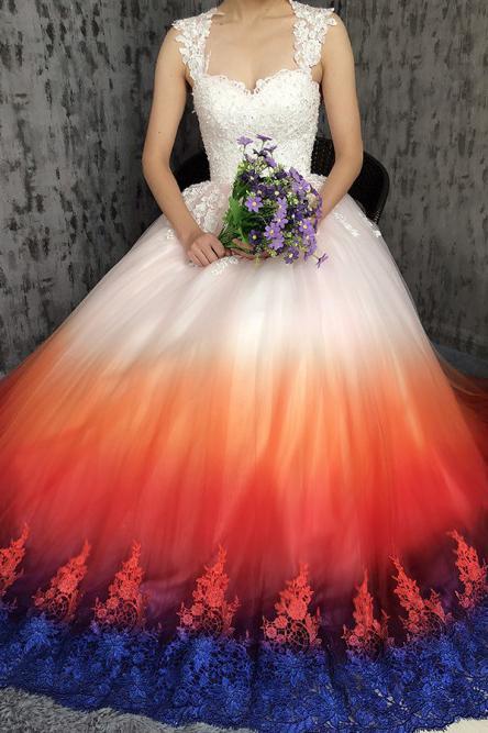 Princess Sweetheart Lace Appliques Ombre Tulle Long Prom Dresses Wedding Dresses STC15309