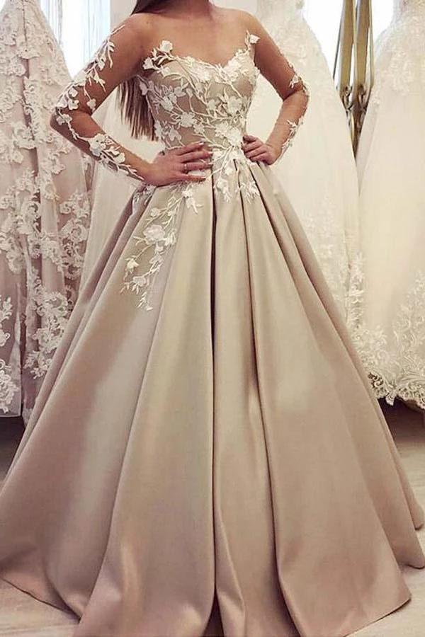 Puffy Sheer Neck Long Sleeves Satin Prom Dress With