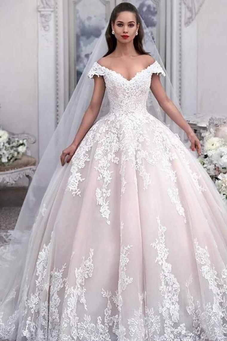 Off The Shoulder Ball Gown Tulle Wedding Dress With Appliques, Princess Bridal