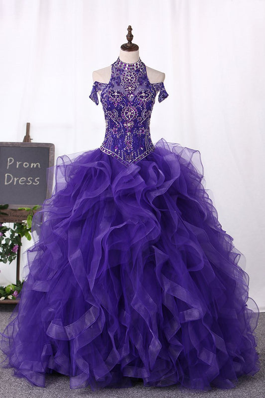 2024 Ball Gown Tulle Quinceanera Dresses High Neck Beaded Bodice Sweep