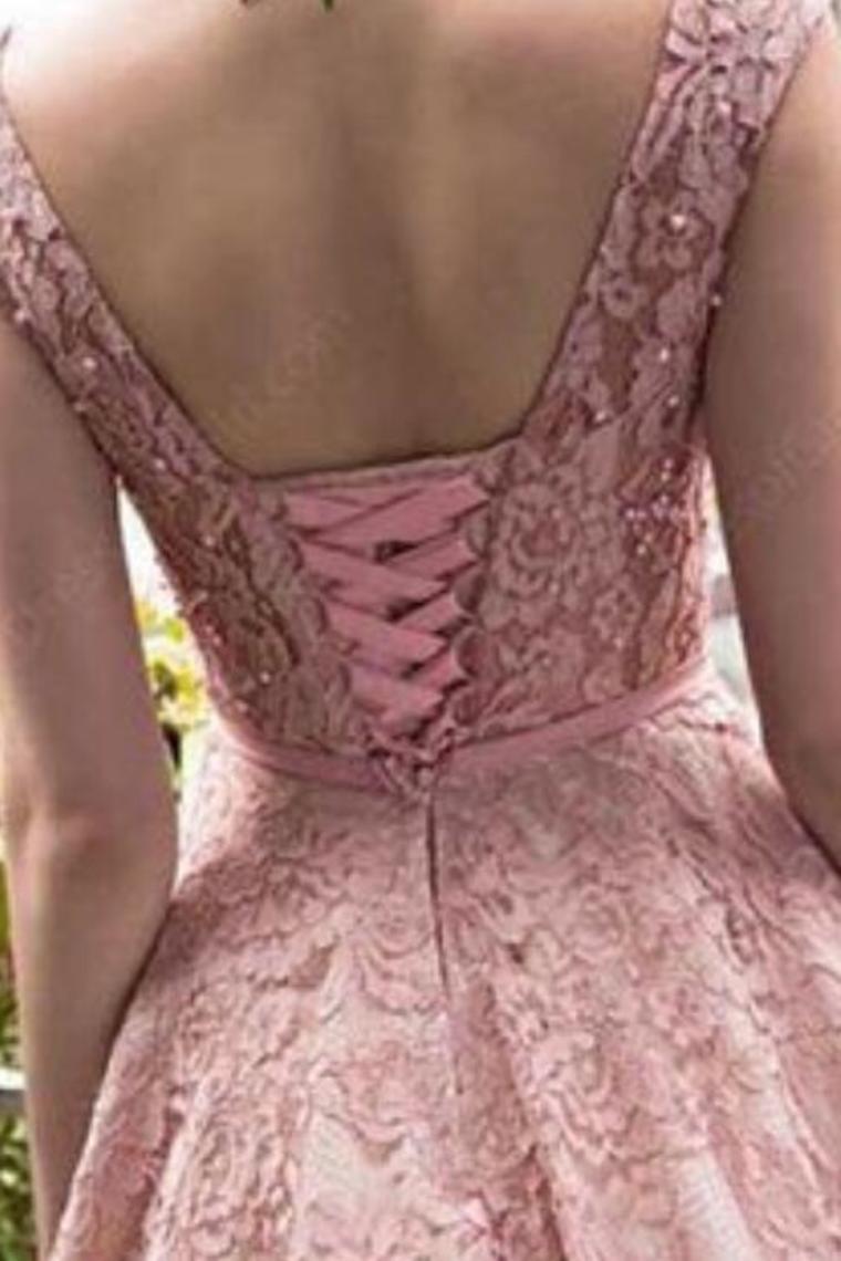2024 Bateau A-Line Lace Prom Dresses Tea Length With Applique And