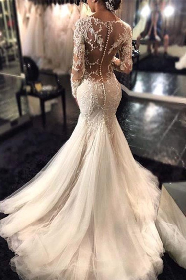 2024 V Neck Wedding Dresses Mermaid/Trumpet With Applique And Beads Sweep