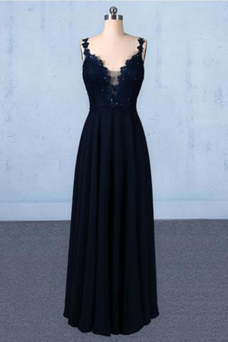 Dark Navy Blue Straps Floor Length Evening Dresses, Long Chiffon Prom Dress With