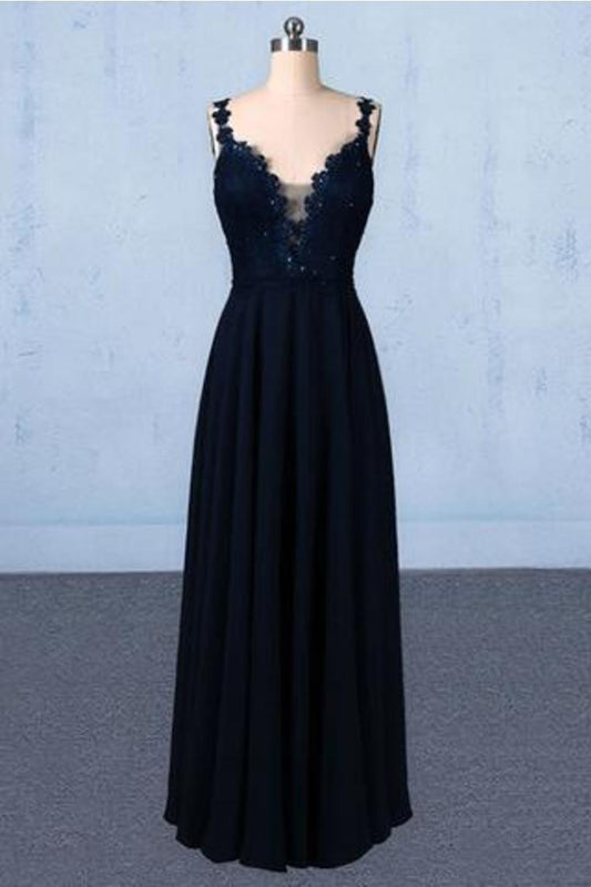 Dark Navy Blue Straps Floor Length Evening Dresses, Long Chiffon Prom Dress With