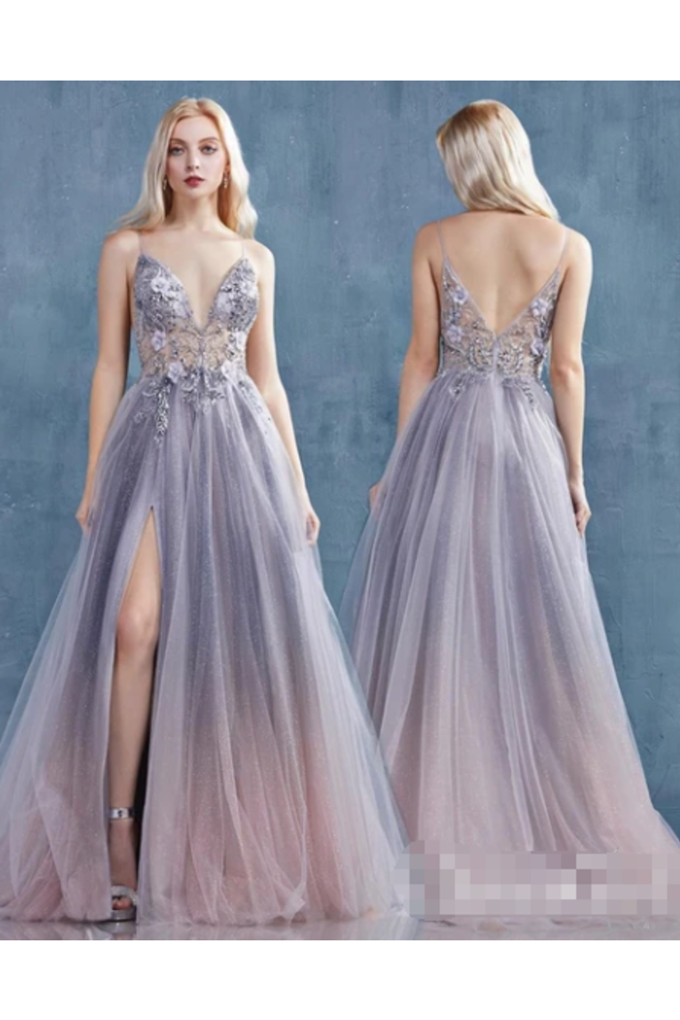 See Through Jeweled Glitter A-Line Prom Dress With High Slit Deep V Neck Long Formal STCPX9EQ898