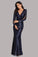 Long Split Sleeve Mermaid V Neck Dark Navy Blue Sequins Prom Dresses, Formal Dress STC15256
