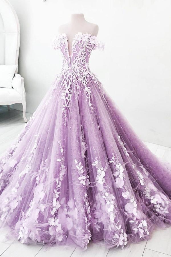 Ball Gown Off the Shoulder V Neck Tulle Lavender Beads Prom Dresses, Quinceanera Dresses STC15562