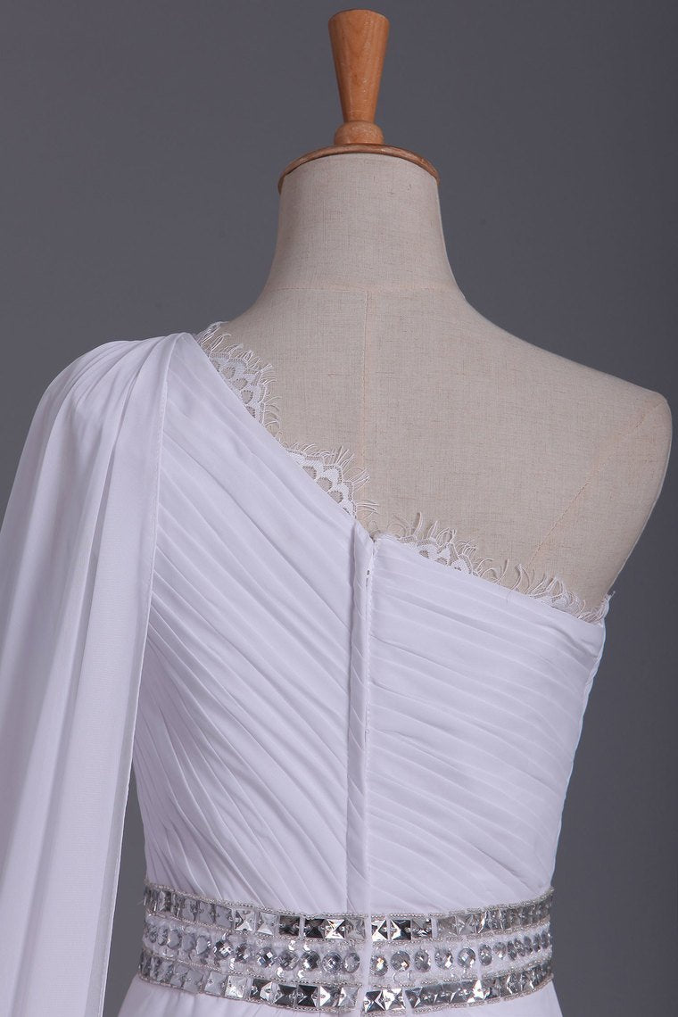 2024 White Prom Dress One Shoulder Pleated Bodice Sheath Beaded Waistline Chiffon Court