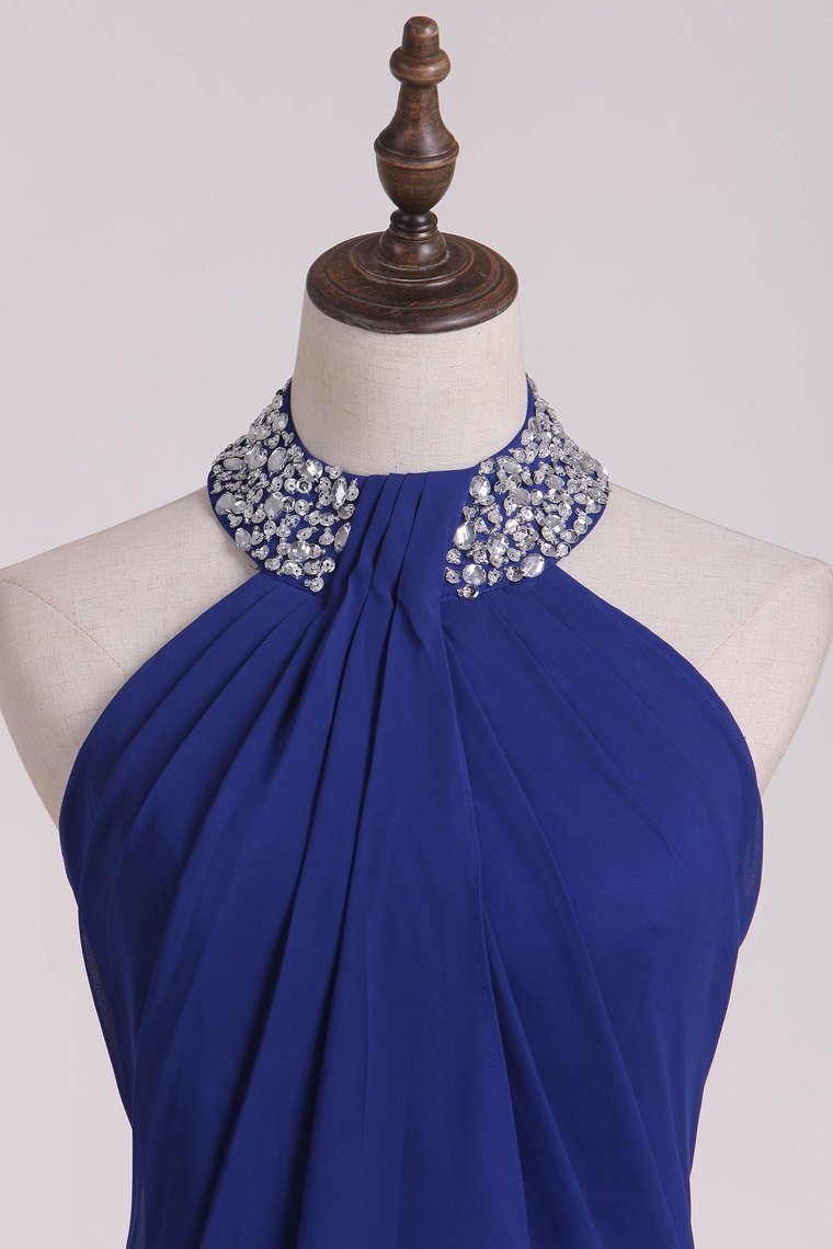 Dark Royal Blue Halter Bridesmaid Dresses Chiffon With Beading Floor Length