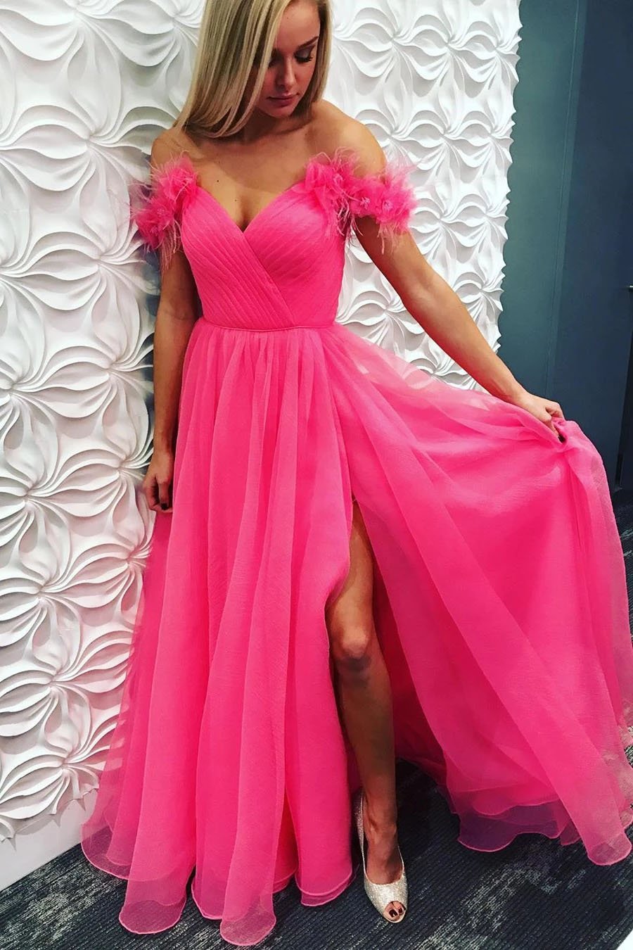 A Line Off the Shoulder Hot Pink Tulle Prom Dresses with Split, Long Formal Dresses STC15493