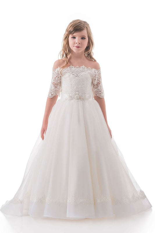 2024 Boat Neck Mid-Length Sleeves A Line Tulle With Applique Flower Girl