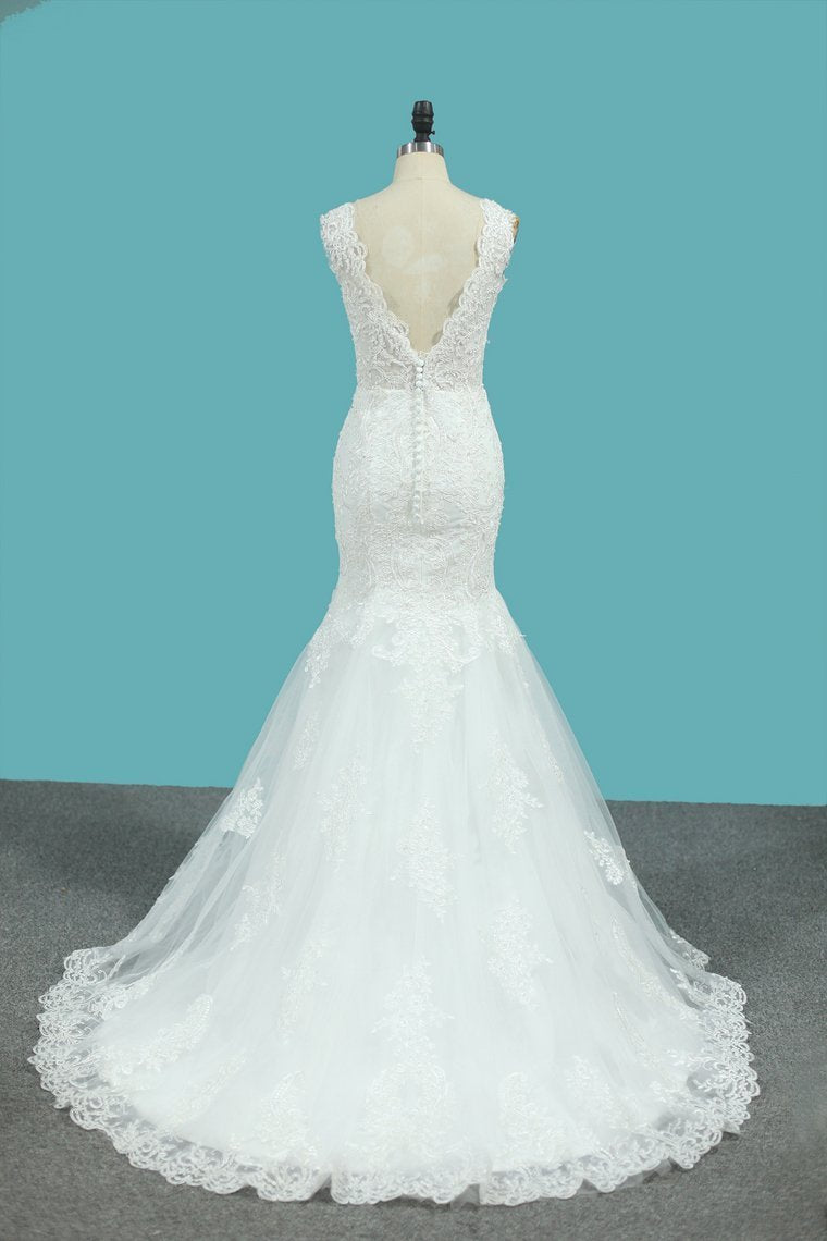 V Neck Mermaid Wedding Dresses Tulle With Applique And Beads Court