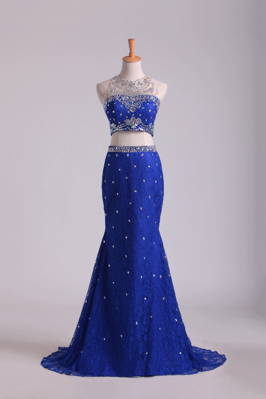 Two-Piece Scoop Mermaid Prom Dresses With Beading Lace Dark Royal