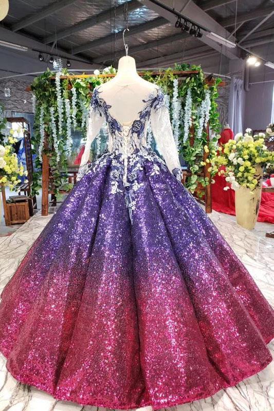 Ball Gown Ombre Sparkly Long Sleeve Sequins Prom Dresses, Quinceanera Dresses STC15066
