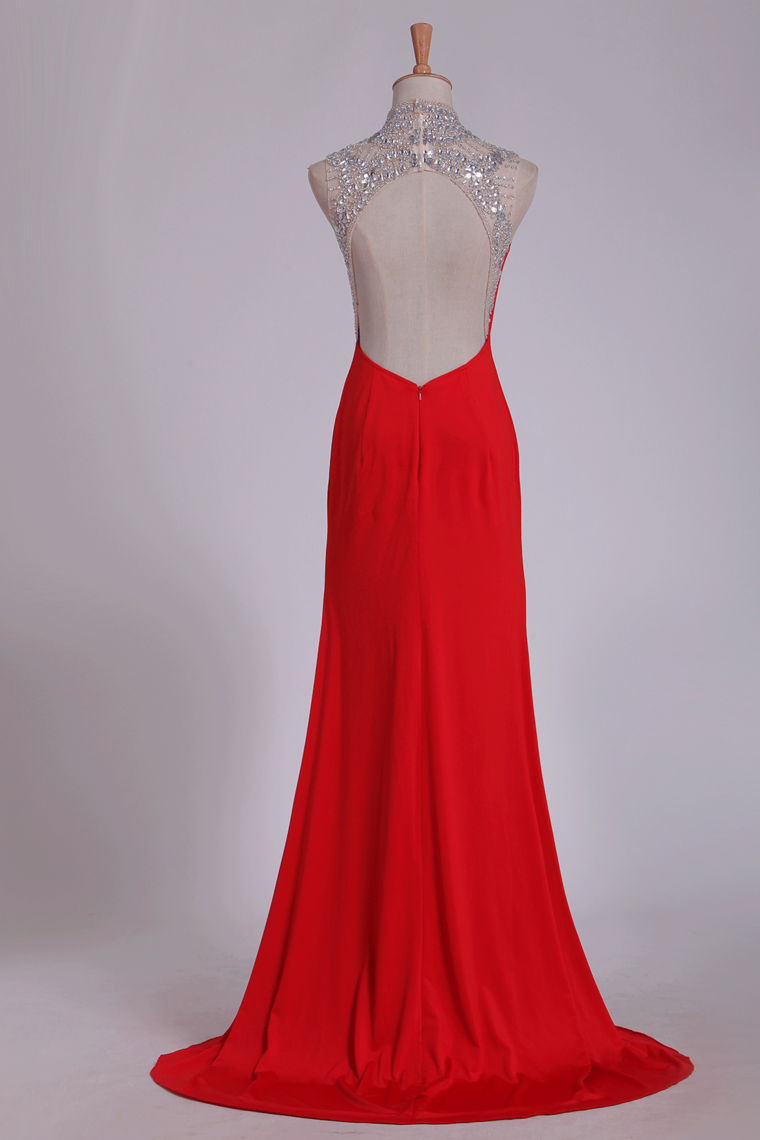 Red High Neck Prom Dresses Sheath/Colum With Beading Sweep