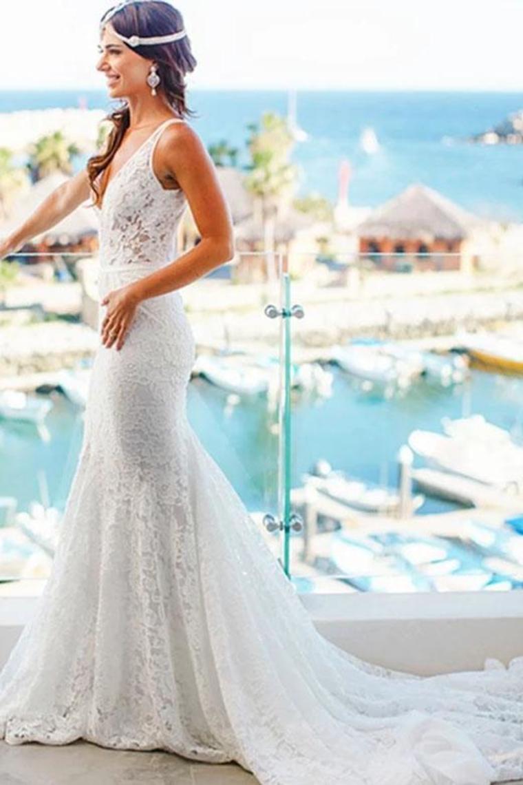 Romantic Deep V Neck Sleeveless Lace Wedding Dress Mermaid Wedding Dresses With STCP2NSHCG1