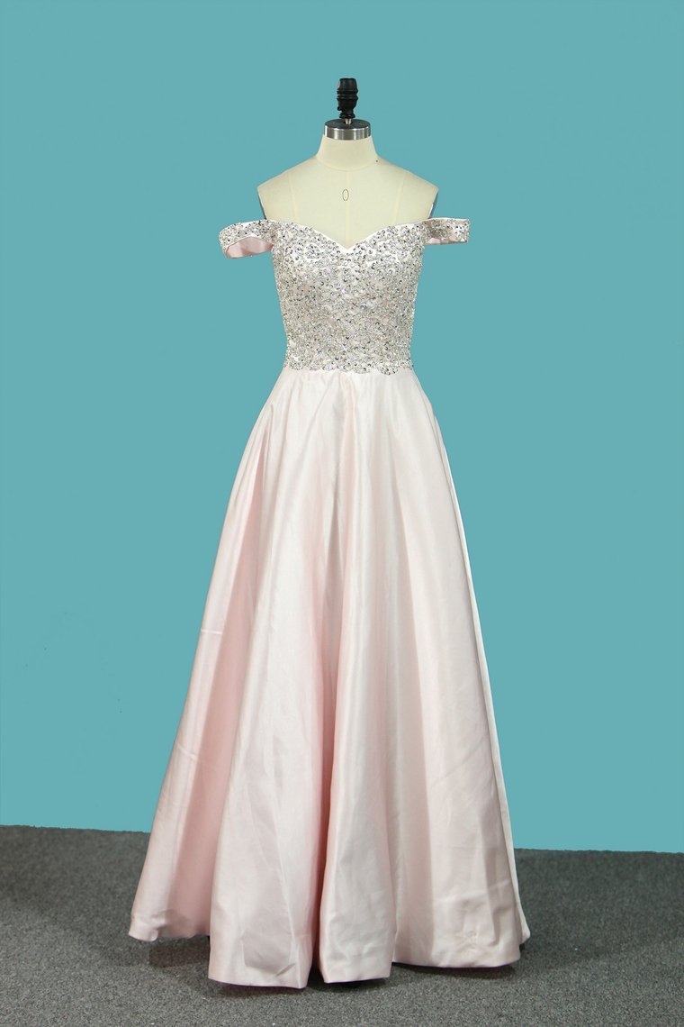 Off The Shoulder Prom Dresses Satin A Line With Beading Floor