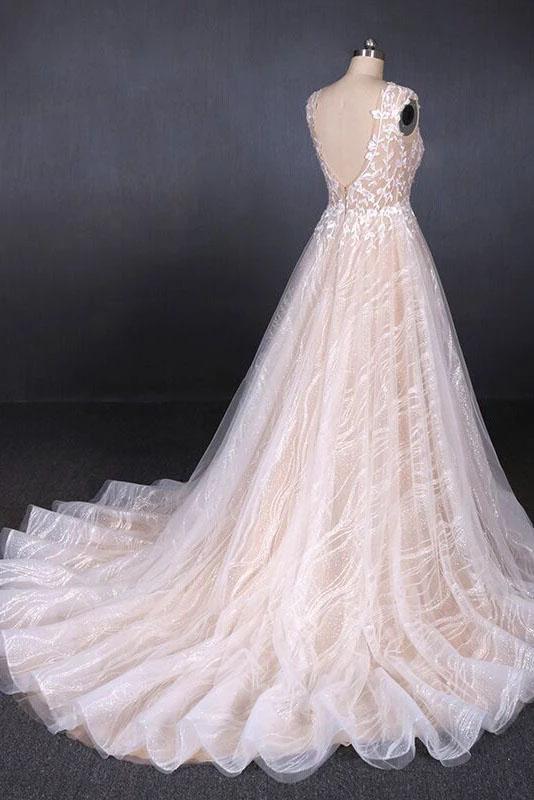 Puffy Lace Off White Wedding Dresses, Elegant A Line Backless Bridal Dresses STC15311