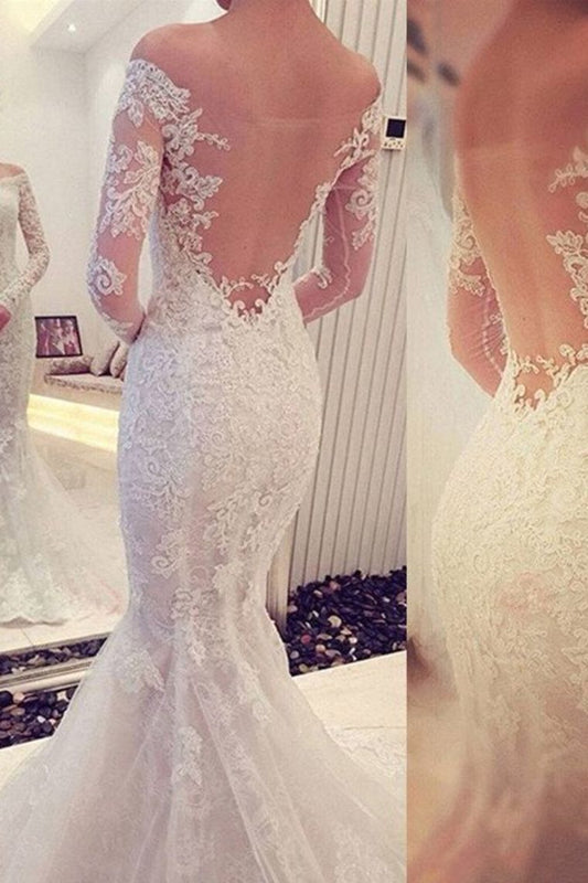 2024 Elegant Mermaid Wedding Dresses Off The Shoulder With Appliques Long Sleeves Zipper