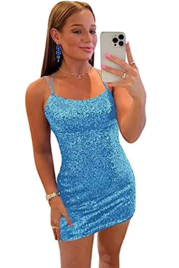 Shiny Blue Sequins Lace Up Short Homecoming Dresses