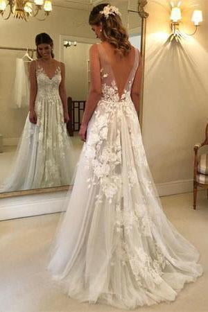 Elegant A-Line V-Neck Tulle Open Back Ivory Wedding Dresses with Lace Appliques